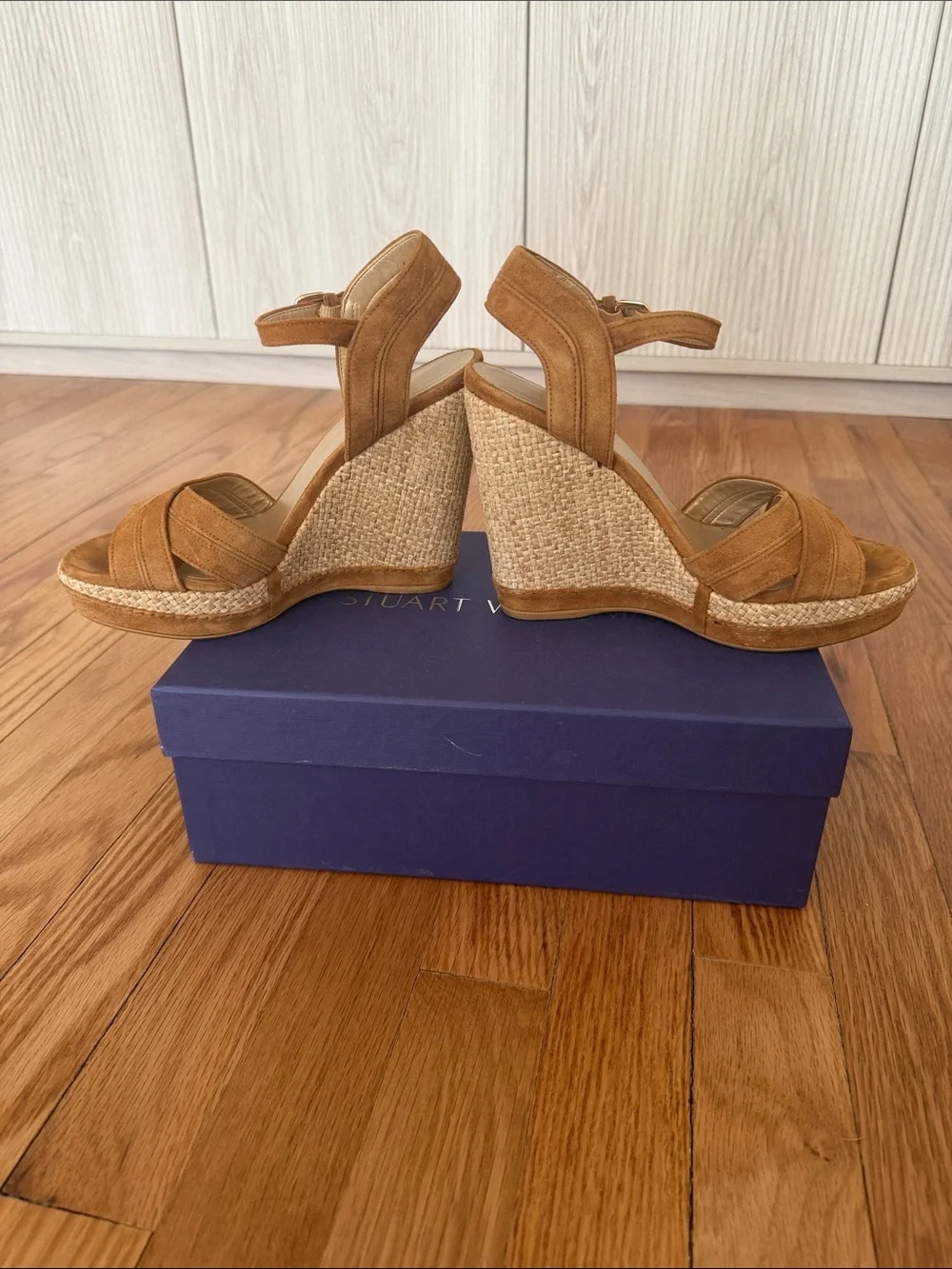 Stuart Weitzman Tan Suede Espadrille Wedge Sandals - Picture 7 of 9